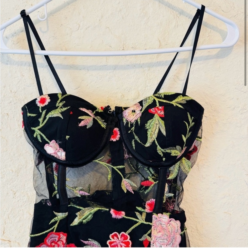 superdown Ruby Embroidered Corset Dress XS Black Sheer Floral